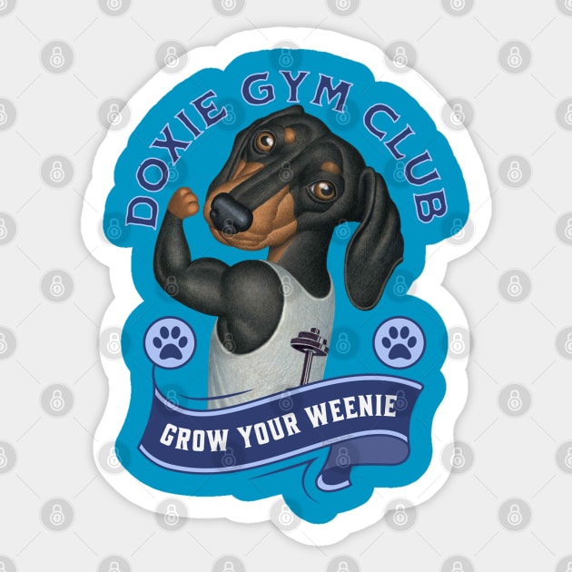 Cute Doxie Gym Club Member to Grow Your Weenie in Blue Sticker by Danny Gordon Art